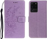 Voor Galaxy S20 Ultra Plum Blossom Pattern Links en Rechts Flip Leren Case met Beugel & Kaartsleuf & Portemonnee & Lanyard (Paars)