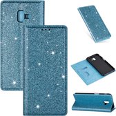 Voor Samsung Galaxy J6 + ultradunne glitter magnetische horizontale flip lederen tas met houder en kaartsleuven (hemelsblauw)