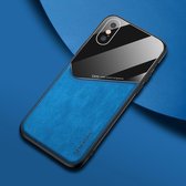 Voor iPhone X / XS All-inclusive lederen + telefoonhoes van organisch glas met metalen ijzeren plaat (blauw)