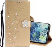 Voor Samsung Galaxy A31 Diamond Encrusted Plum Blossom Embossing Pattern Horizontaal Flip Leather Case met houder & kaartsleuven & portemonnee & lanyard (goud)
