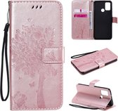 Voor Huawei Honor 9A Tree & Cat reliÃ«fpatroon Horizontale flip lederen tas met houder & kaartsleuven & portemonnee en lanyard (rose goud)