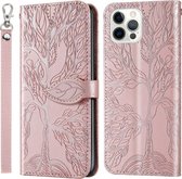 Life of Tree Embossing Pattern Horizontale flip lederen hoes met houder & kaartsleuf & portemonnee & fotolijst & lanyard voor iPhone 12 Pro Max (roségoud)