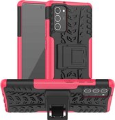 Voor Samsung Galaxy Note20 Bandentextuur Schokbestendig TPU + PC Beschermhoes met houder (Rose Red)