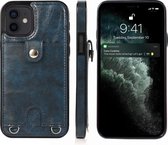 Schokbestendig PU-leer + TPU-beschermhoes met kaartsleuf en lanyard voor iPhone 12 mini (blauw)