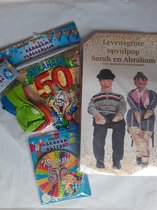 Abraham feestpakket 4-delig, Opvulpop 185 cm, Vlaggenlijn 6 meter, Button met led en 8 Ballonnen met 50 jaar