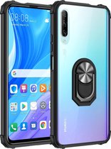 Voor Huawei Y9s schokbestendig transparant TPU + acryl beschermhoes met ringhouder (zwart en zilver)