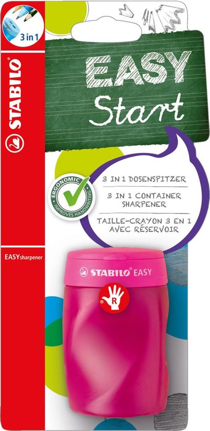 Taille-crayon STABILO EASY 3-en-1 rose avec couvercle ouvert, affichant "EASY Start" et "3 IN 1 DOSENSPITZER".