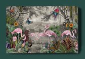 Concept Creation - Schilderij - Tropisch Jungle Regenwoud Tropisch Paradijs Flamingos Papegaai Kunstwerk Digitaal - Multicolor - 40 X 60 Cm