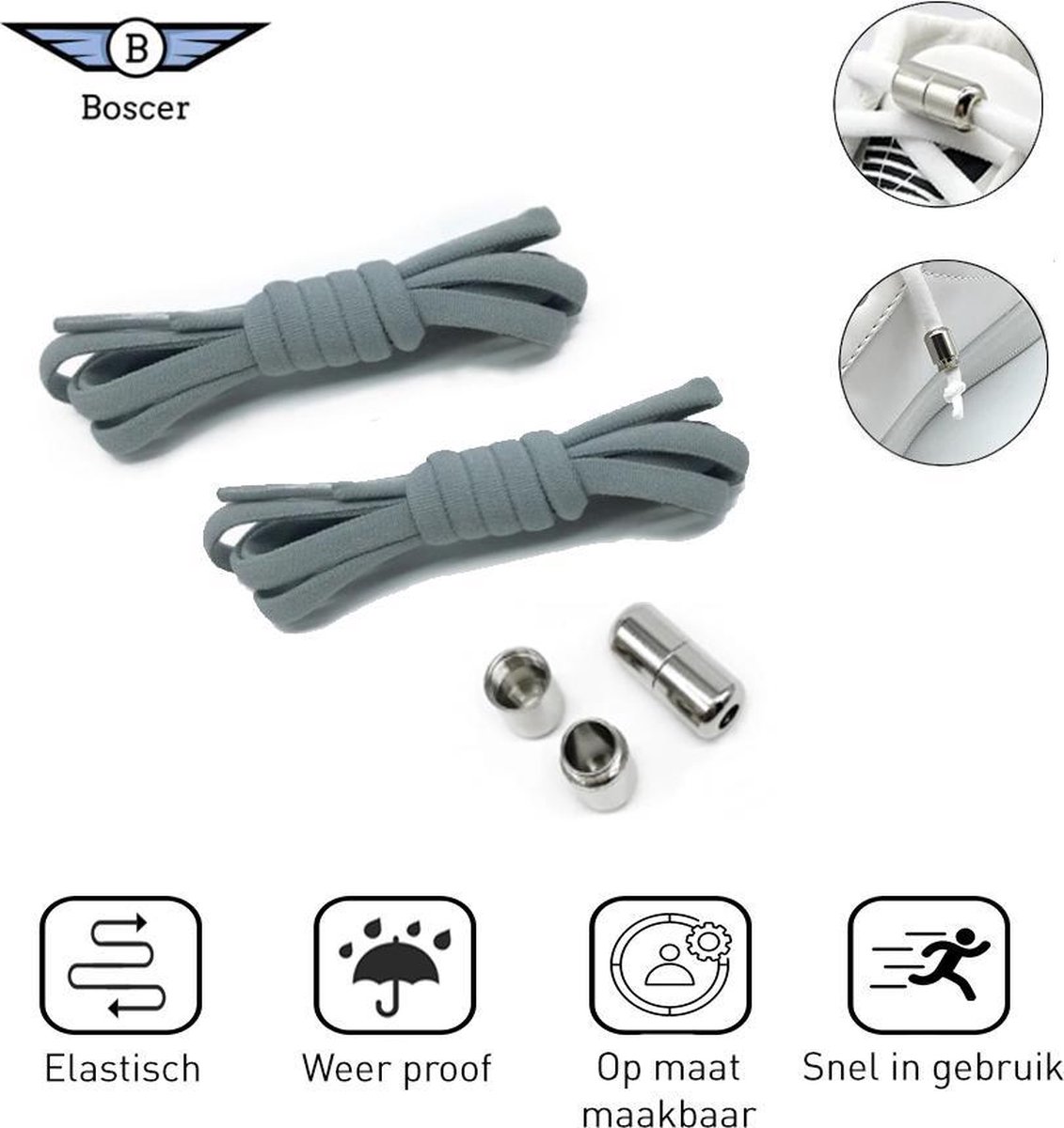 Boscer Elastische Veters Grijs | Capsule Sluitsysteem | Draaicapsule | Schoenveters | Makkelijk Sluitbaar | Jong & Oud!