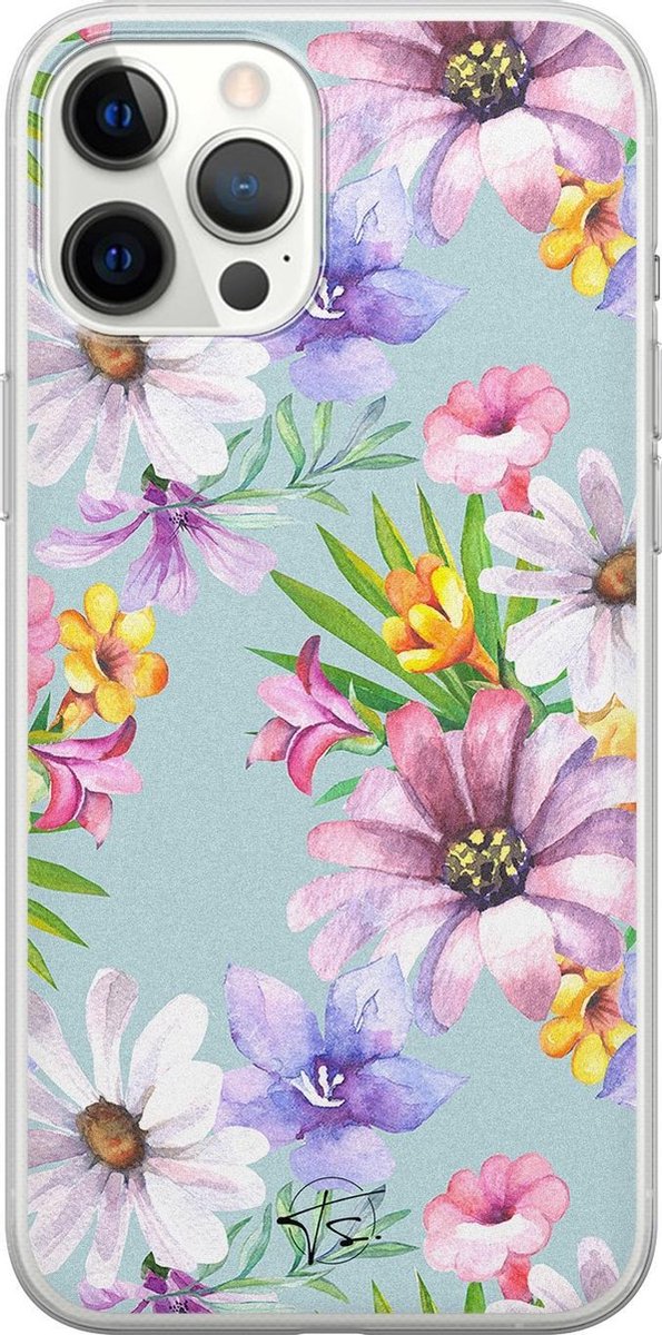 iPhone 12 Pro Max hoesje - Mint bloemen - Soft Case Telefoonhoesje - Bloemen - Blauw