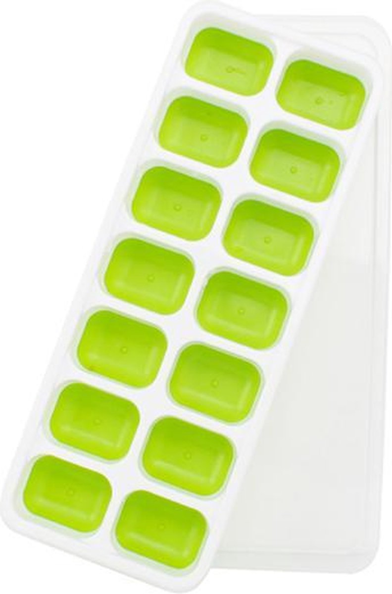 ICECOLD IJsblokjesvorm groen | Silicone IJsblokjesvorm met deksel | 14 ijsblokjes vierkant | met silicone uitdruk onderkant