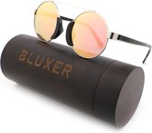 Bluxer® Zonnebril - Hippe Zonnebril Gepolariseerd - UV400 Lens - Zilverkleurig RVS Frame - Ebony Wood - Roze Lens
