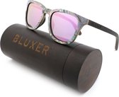 Bluxer® Zonnebril voor Heren en Dames Polaroid - Hippe Zonnebril Gepolariseerd - UV400 Lens - Abalone Schelp Frame - Wood Veneer - Paarse Lens