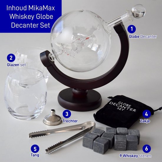 MikaMax Whiskey Globe Decanter Deluxe set - 0,9 L - Incl. 2 verres