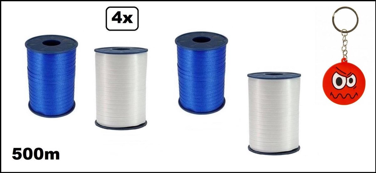 4x Krullint blauw/wit 5mmx500meter + sleutelhanger smiley| merk Cotton blue |krullint | krul lint kerst thema feest decoratie kado krul lint.