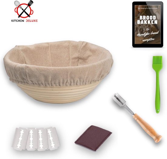 Kitchen Deluxe Brood Bakken - Kookboek - Incl. Deegkleed & Deegmesje met Hoesje – Rijsmand – Zuurdesem – Banneton –  Ø 22 cm