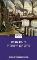Boek kaft met afbeelding van een Victoriaanse stad, met fabrieken die rook uitstoten en een kanaal. Titel: Hard Times, Charles Dickens.