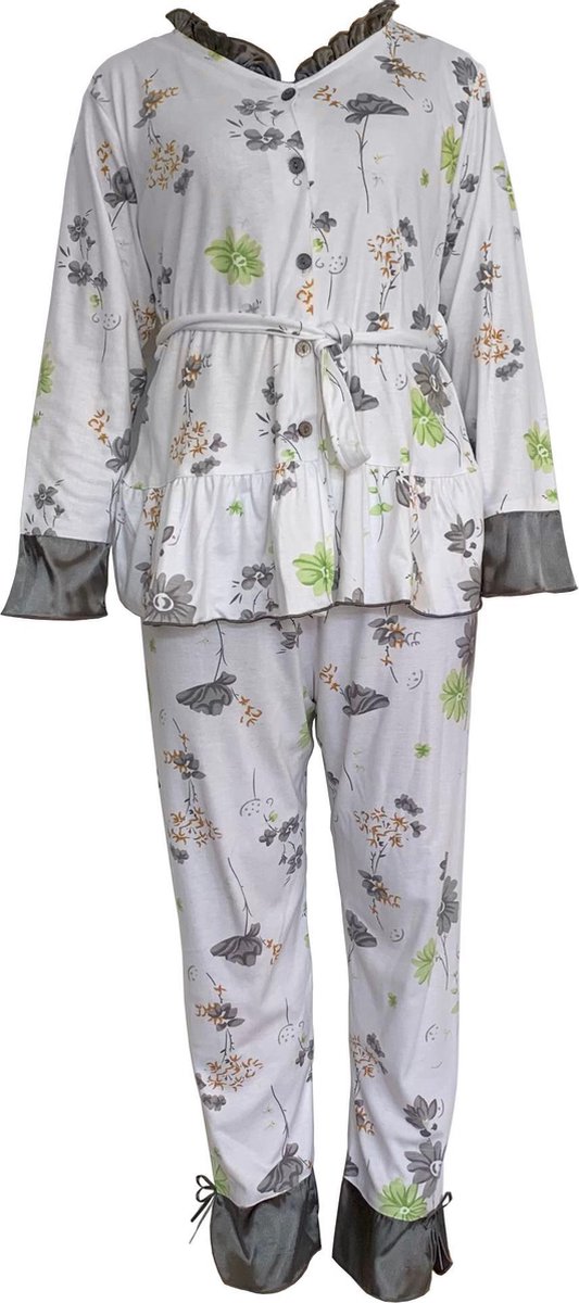 Dames pyjama gebloemd Grijs M