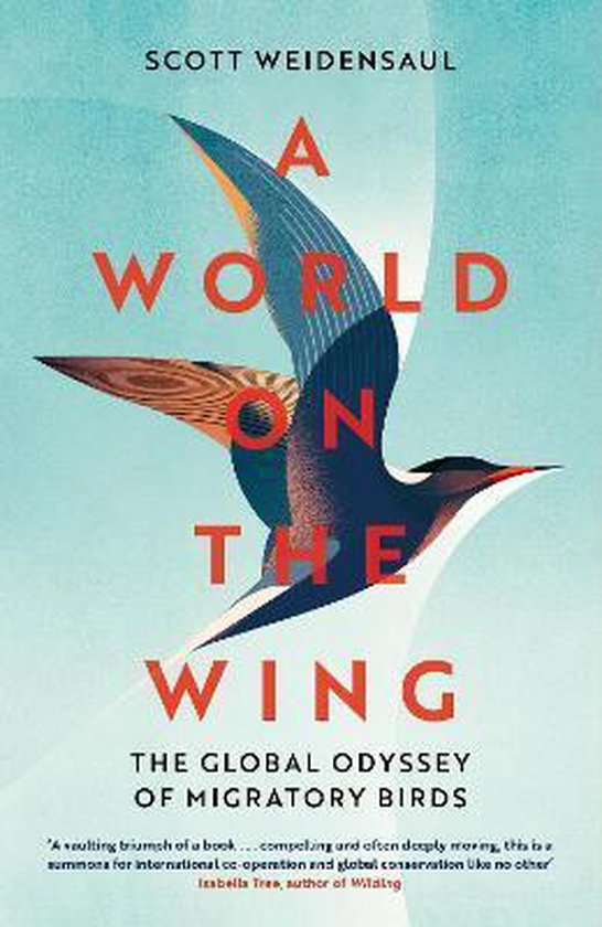 Boek "A World on the Wing" met een vogel met blauwe en oranje vleugels die wegvliegt.