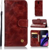 Voor OnePlus 6T Retro koperen gesp Crazy Horse Horizontale flip PU lederen tas met houder & kaartsleuven & portemonnee en lanyard (wijnrood)