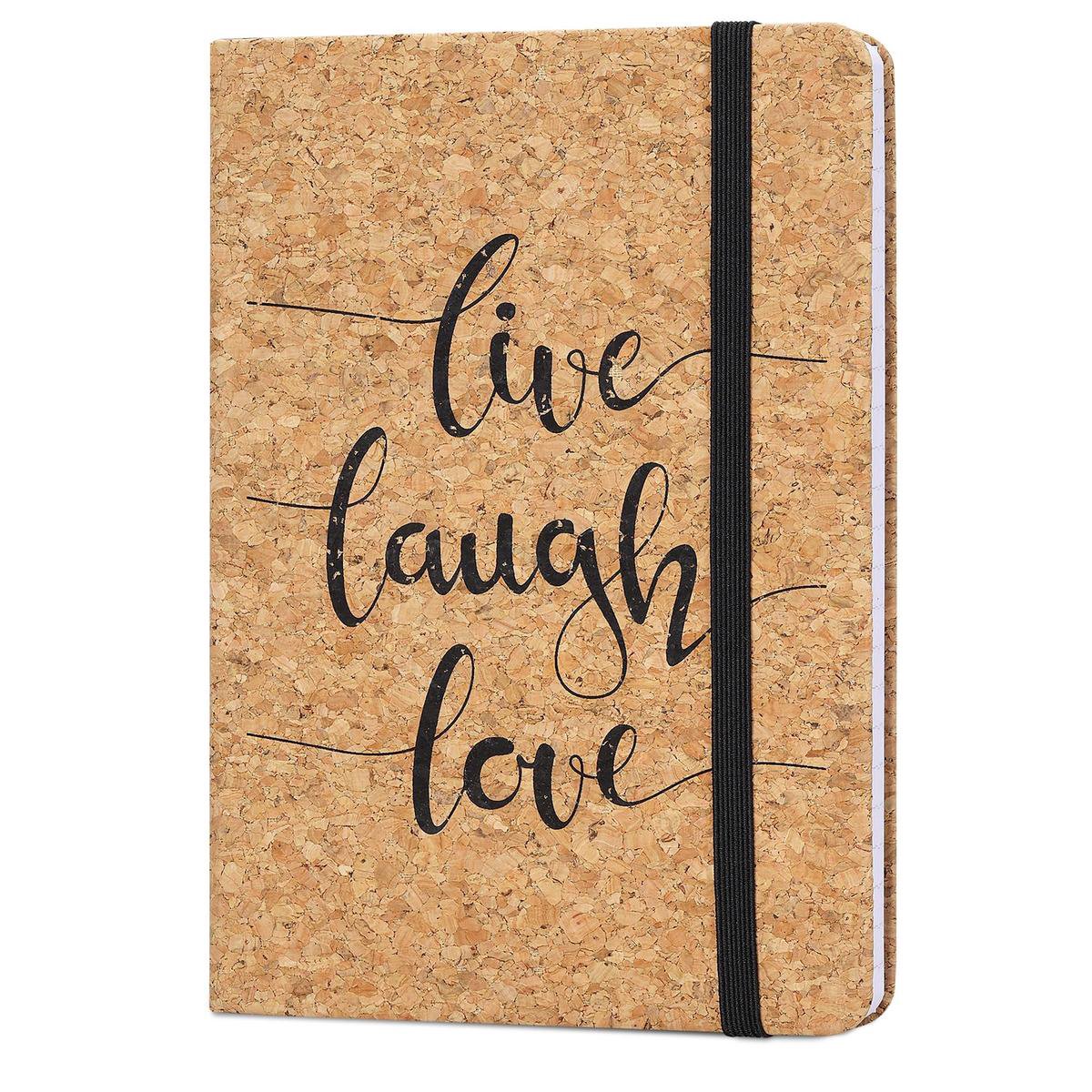 Navaris notitieboek van kurk met lijntjes - Notebook met elastieken sluiting, binnenvak en bladwijzer - 18 x 13 cm - 100 bladzijden - Live Laugh Love