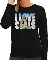 Tekst sweater I love seals met dieren foto van een zeehond zwart voor dames - cadeau trui zeehonden liefhebber S