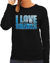 Tekst sweater I love sharks met dieren foto van een haai zwart voor dames - cadeau trui haaien liefhebber M