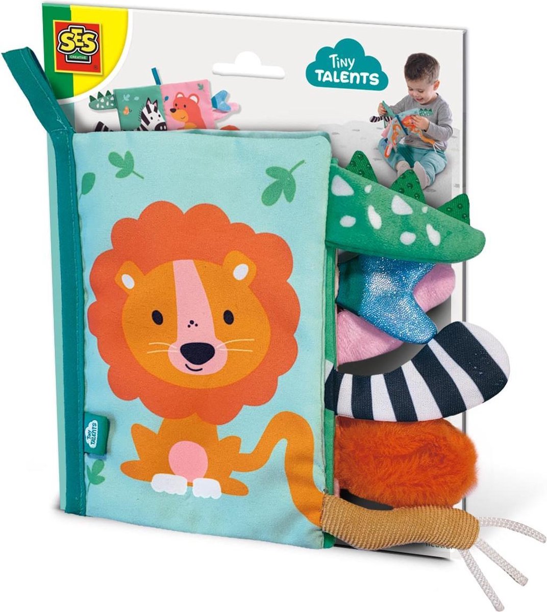 SES - Tiny Talents - Sensory - Sensorisch speelgoed - Zacht dierenstaarten boek - Montessori baby boekje stof - knisperboekje - baby speelgoed