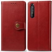 Voor Sony Xperia 1 II retro effen kleur lederen gesp telefoonhoes met lanyard & fotolijst & kaartsleuf & portemonnee & standaardfunctie (rood)