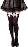 Zwarte kniekousen met witte strikjes en zwarte panty's, gedragen met een rok.