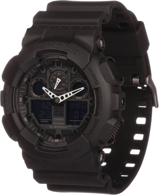 Zwarte G-Shock horloge met analoge en digitale wijzerplaat, grote kast en band.