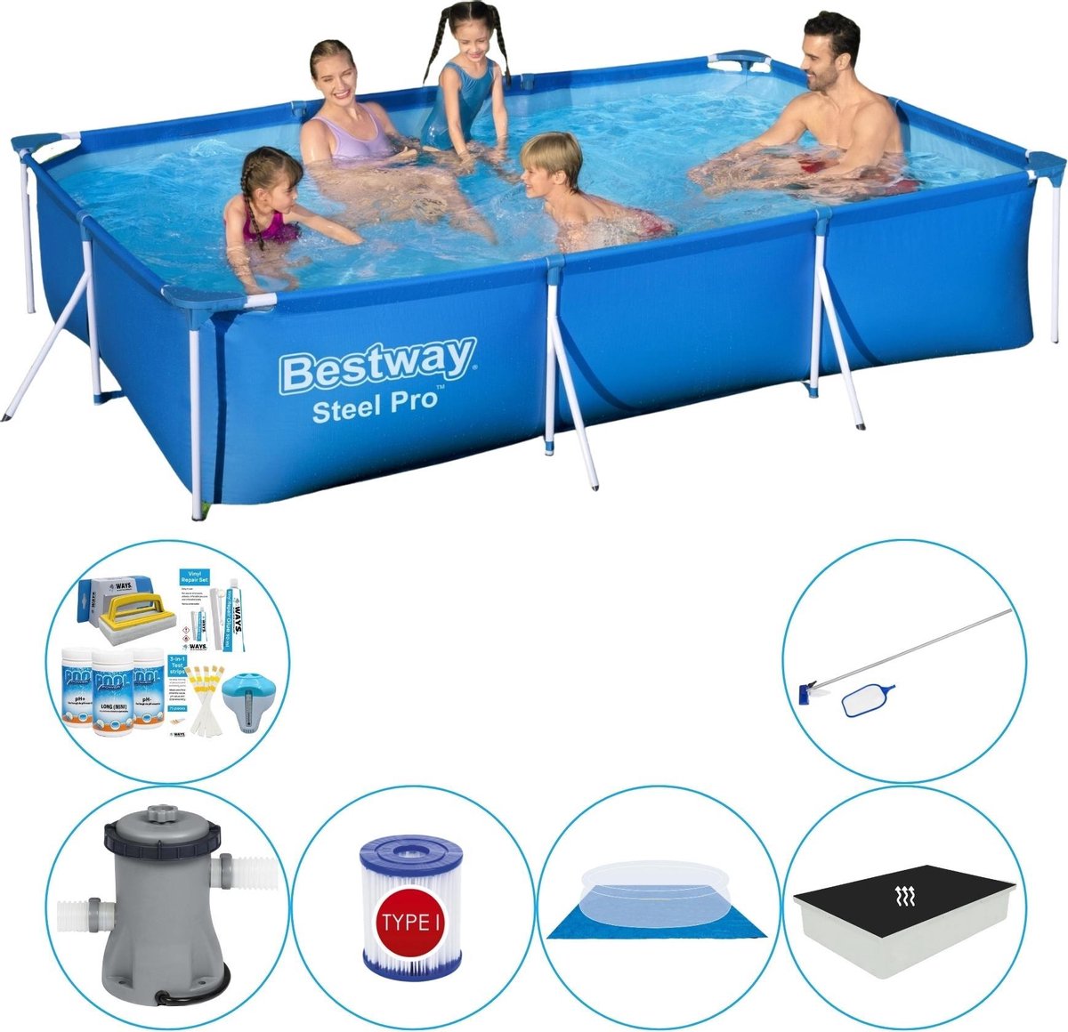 Steel Pro Rechthoekig 300x201x66 cm - Zwembad Combinatie Set