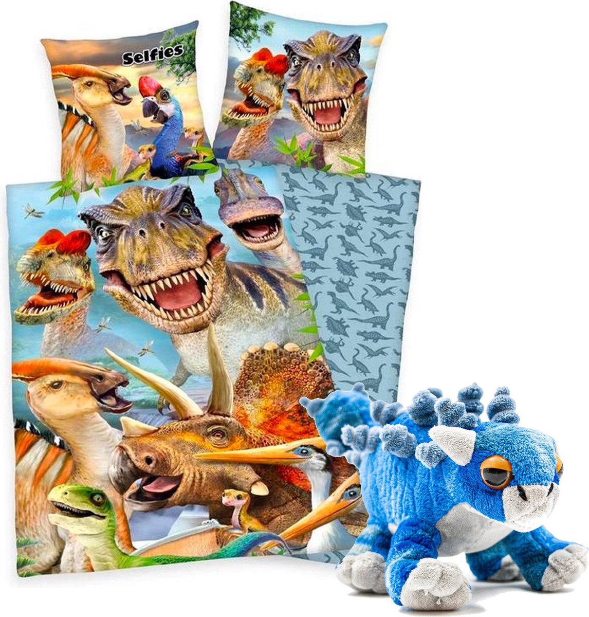 Herding- dekbedovertrek Dinosaur Selfies- 140x200- katoen- dubbelzijdig- ritssluiting- Dino's, incl. Pluche Dino Ankylosaurus-blauw