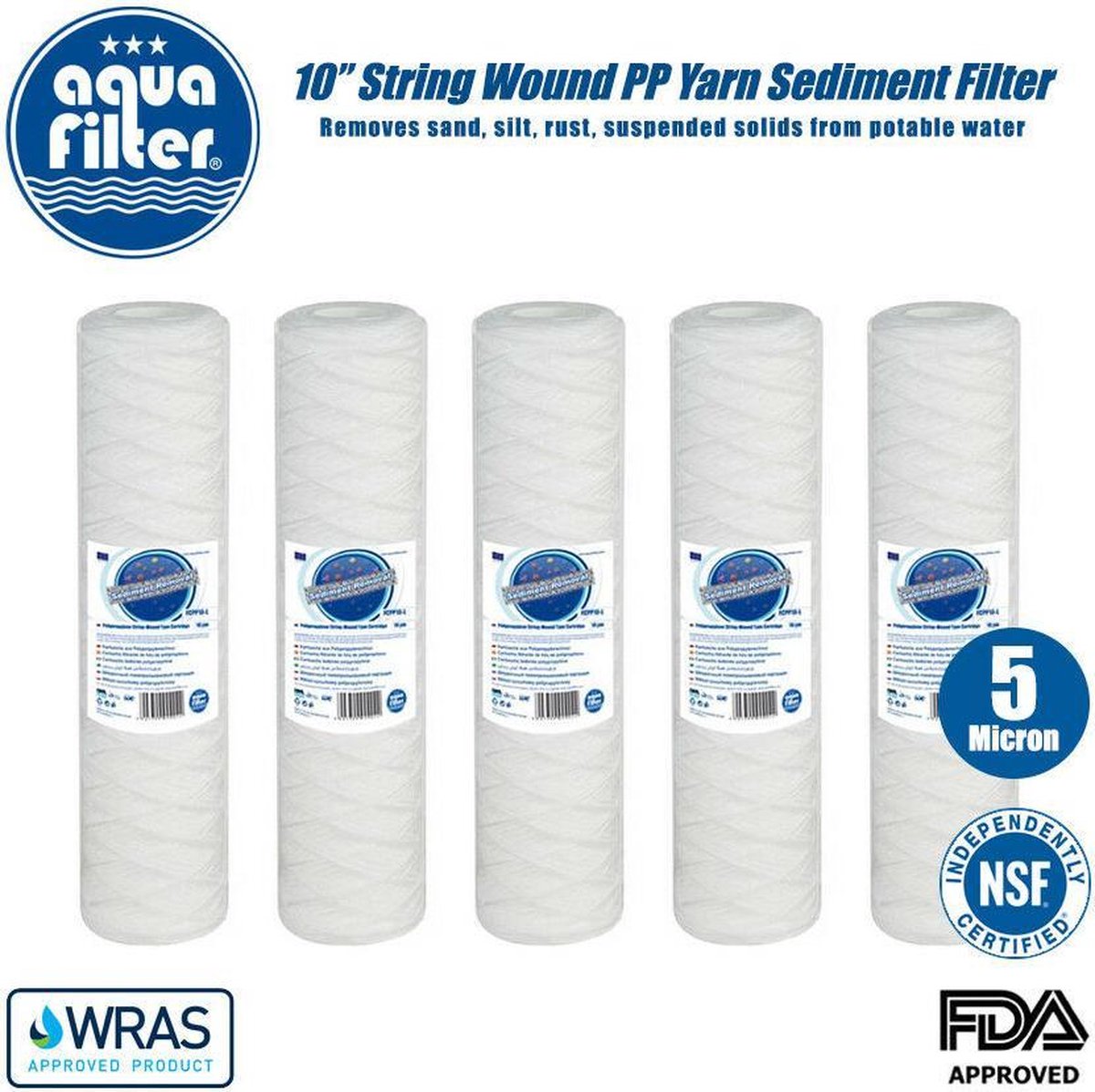 Aquafilter 5 stuks !! Sedimentfilter voor 10" filterhuis 5 micron van gedraaide koord