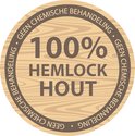 Sticker: 100% hemlock hout, geen chemische behandeling.