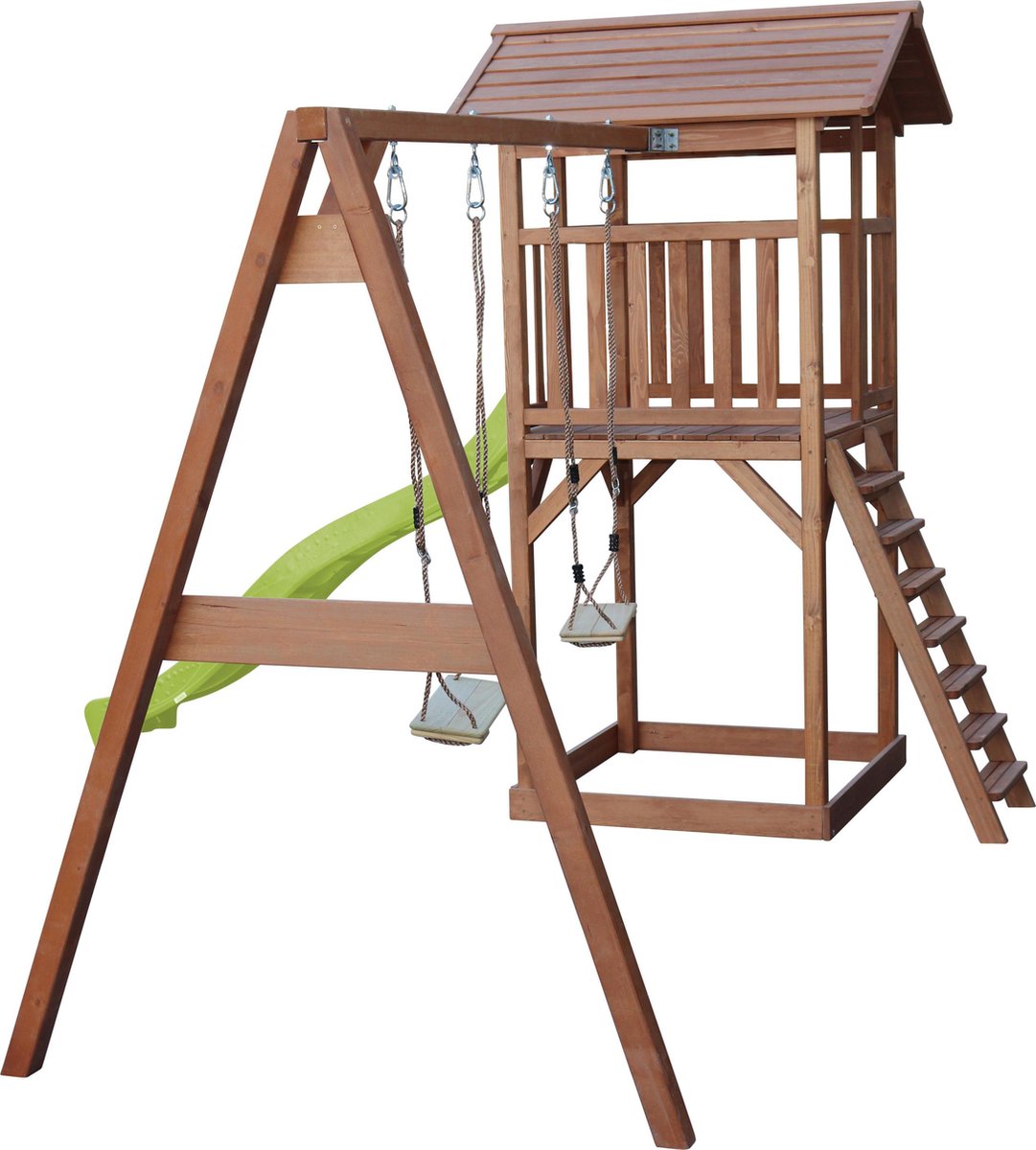 AXI Beach Tower Speeltoestel in Bruin - Speeltoren met Dubbele Schommel, Limoen Groene Glijbaan en Zandbak - FSC hout - Speelhuis op palen voor de tuin — afbeelding 16