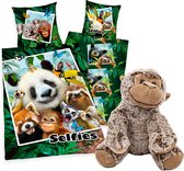 Dekbedovertrek Wilde Dieren selfies- jungledieren- 140x200cm- katoen- incl. zachte apen knuffel 22 cm