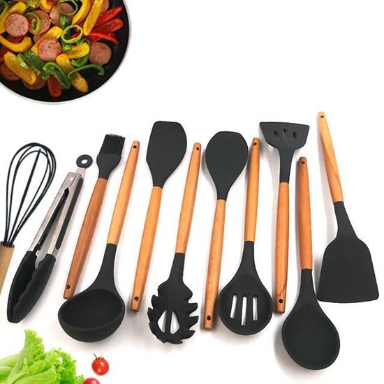 Ustensiles de cuisine en silicone avec râpe, pinces, cuillère, spatule et  spatule - Résistants à la chaleur - Poignées en bois de qualité alimentaire