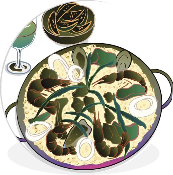 Une illustration d'un plat espagnol de paella avec un verre de vin Assiette  en... | bol.com