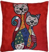 Handgemaakt oranje rood wollen kussen met 2 katten -  45 x 45 cm