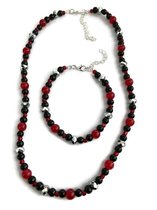 UITVERKOOP !!! Petra's Sieradenwereld - Handgemaakte set (ketting en armband) rood zwart zilverkleurig (910)