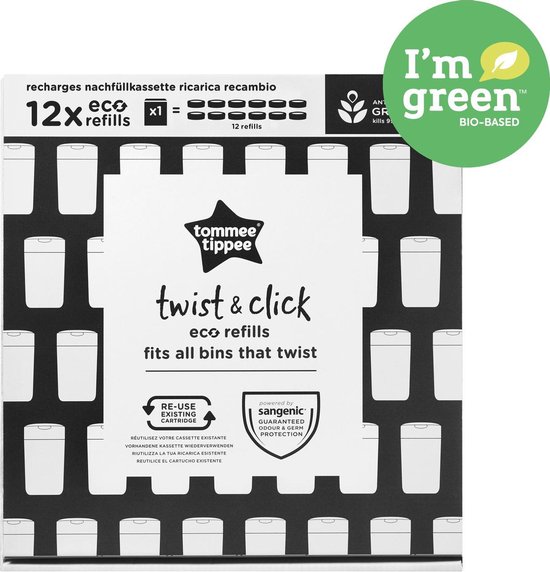 Tommee Tippee Poubelle à couches Twist & Click Advanced, 18 recharges film  antibactérien blanc