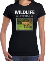 Dieren foto t-shirt Vos - zwart - dames - wildlife of the world - cadeau shirt vossen liefhebber XS