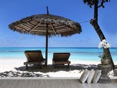 Professioneel Fotobehang Strandbed op de Malediven - blauw - Sticky Decoration - fotobehang - decoratie - woonaccessoires - inclusief gratis hobbymesje - 325 cm breed x 220 cm hoog - in 7 ver