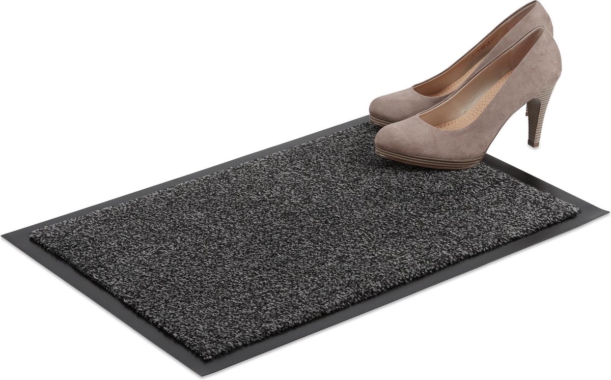 Relaxdays schoonloopmat, extra dun, 60 x 90 cm, deurmat binnen, grote droogloopmat, voetmat, zwart-grijs