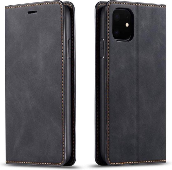 Étui portefeuille noir pour iPhone 12 mini, avec coutures brunes, fermé.