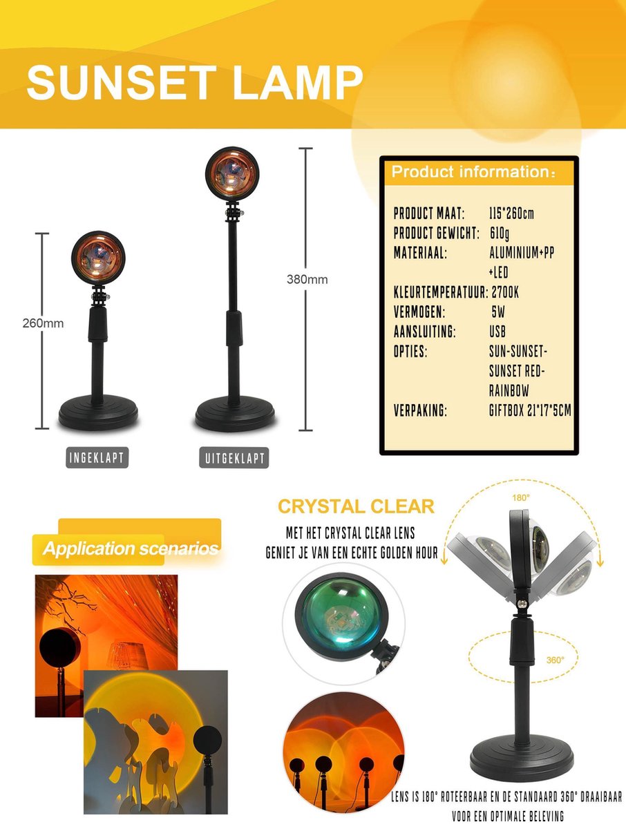 Sunset lamp - Sunset projection lamp - Sfeerverlichting binnen - Zonsondergang lamp - Hoogte verstelbaar - Sunset projector - SUN – foto 2