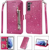 Glitter Bookcase voor Samsung Galaxy S21 | Hoogwaardig PU Leren Hoesje | Lederen Wallet Case | Telefoonhoesje | Pasjeshouder | Portemonnee | Roze