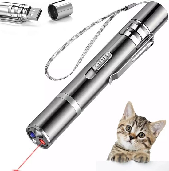 Hoogwaardig Laserlampje voor katten | USB Oplaadbaar | 7 in 1 laserpen | Laserpen | Zaklamp | Kattenspeeltje | Kattenspeelgoed | zilver | Laserpointer rood/groen | UV licht cadeau geven