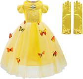 Prinsessen jurk verkleedjurk 128-134 (130) geel Luxe met vlinders + handschoenen verkleedkleding